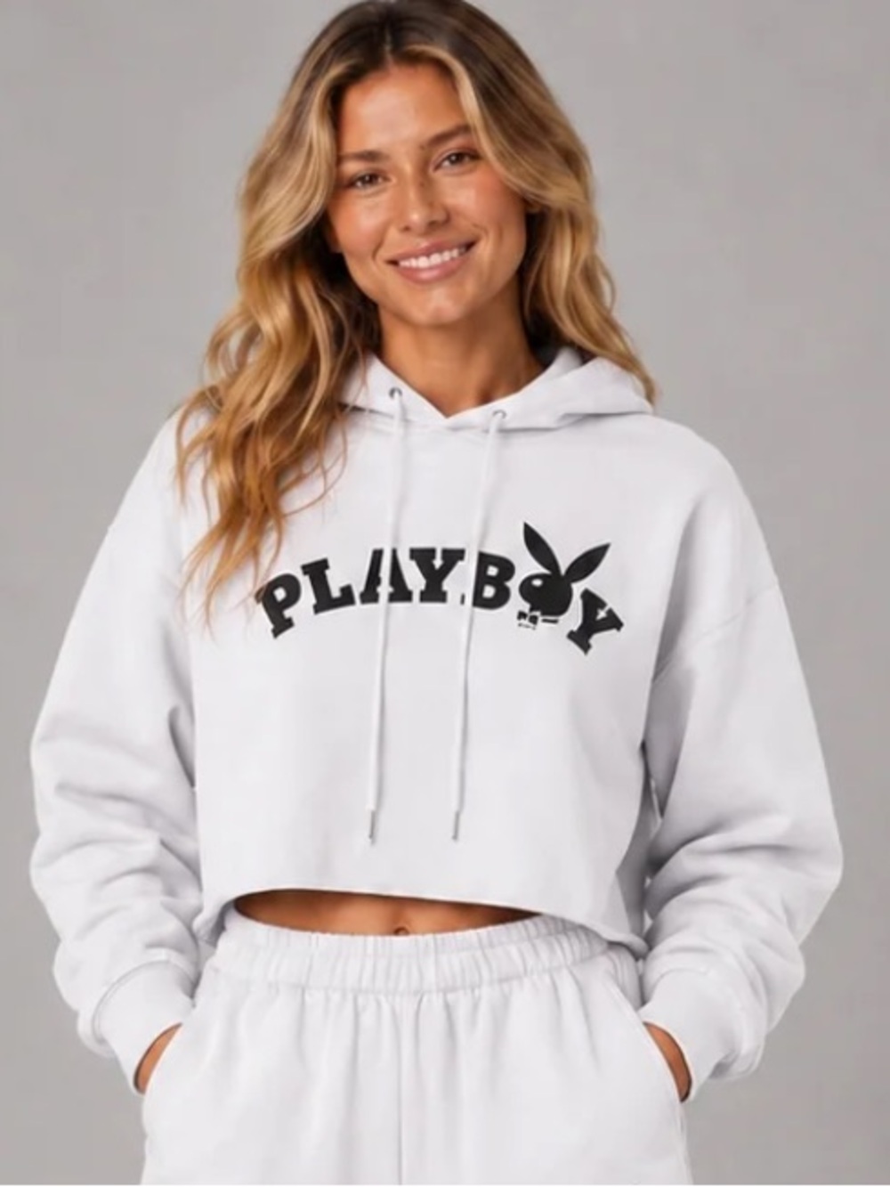 PLAYBOY White Cropped Hoodie with Black Logo Tee